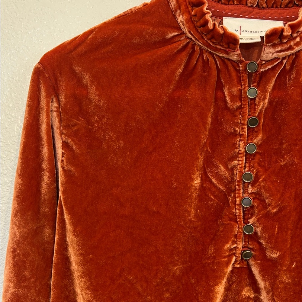 Anthropologie Velvet Button-Up Top in Rich Rust - Picture 3 of 6